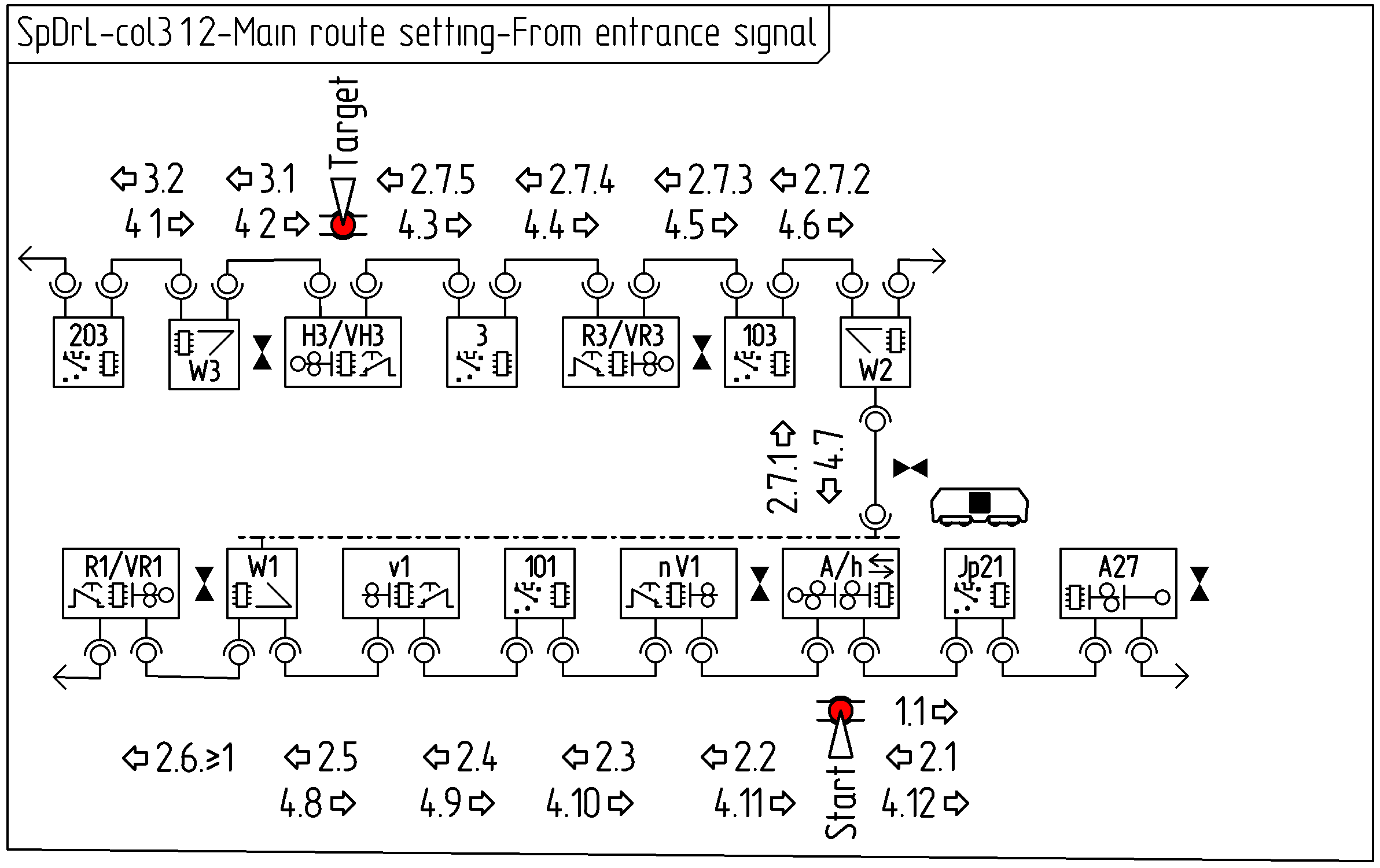 Figure with SpDrL60-col3,1,2 Main route setting, exit to running track.